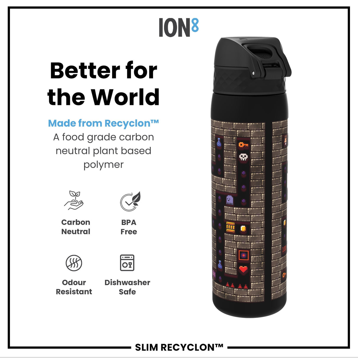 ION8 Leak Proof Slim Water Bottle, Recyclon, Gamer, 500ml (18oz)