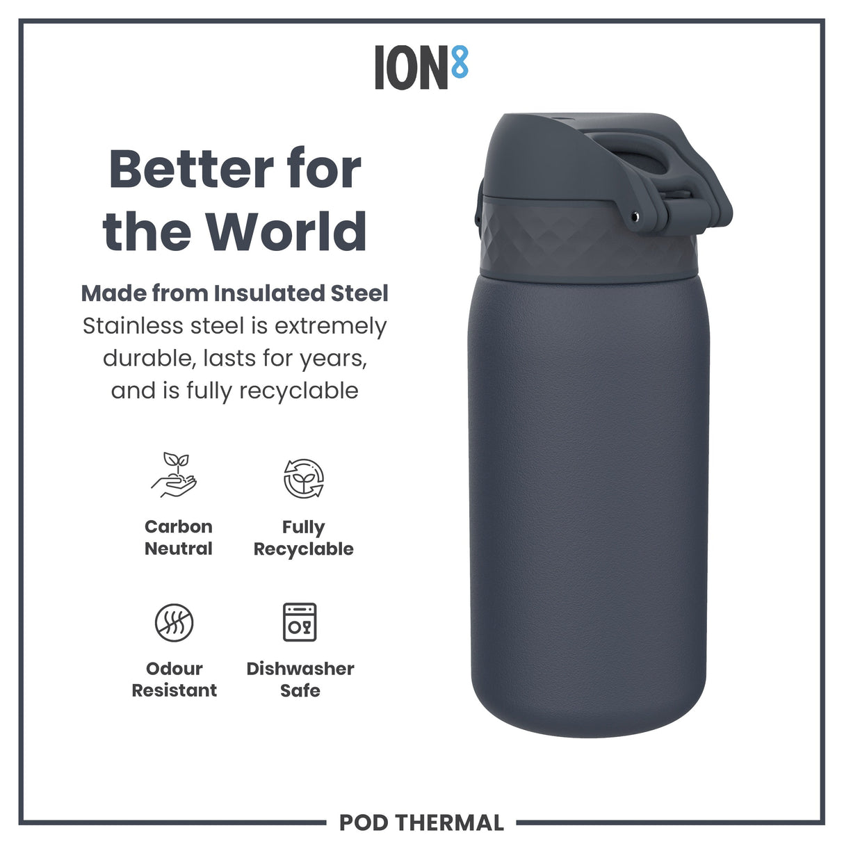 ION8 Leak Proof Thermal Steel Water Bottle, Insulated, Ash Navy, 320ml (11oz)