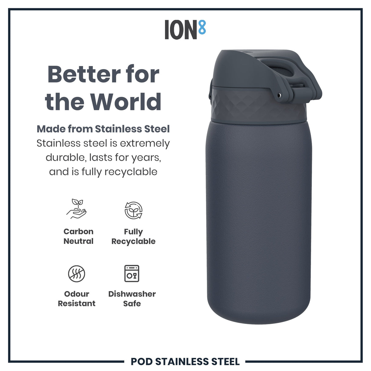 ION8 Leak Proof Water Bottle, Stainless Steel, Ash Navy, 400ml (13oz)