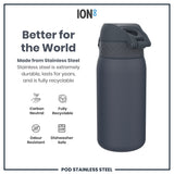 ION8 Leak Proof Water Bottle, Stainless Steel, Ash Navy, 400ml (13oz)
