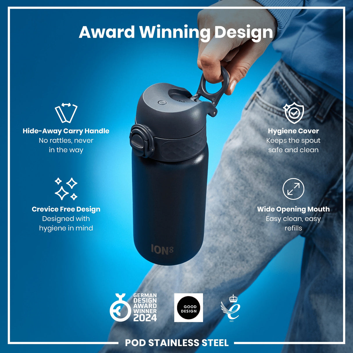 ION8 Leak Proof Water Bottle, Stainless Steel, Ash Navy, 400ml (13oz)