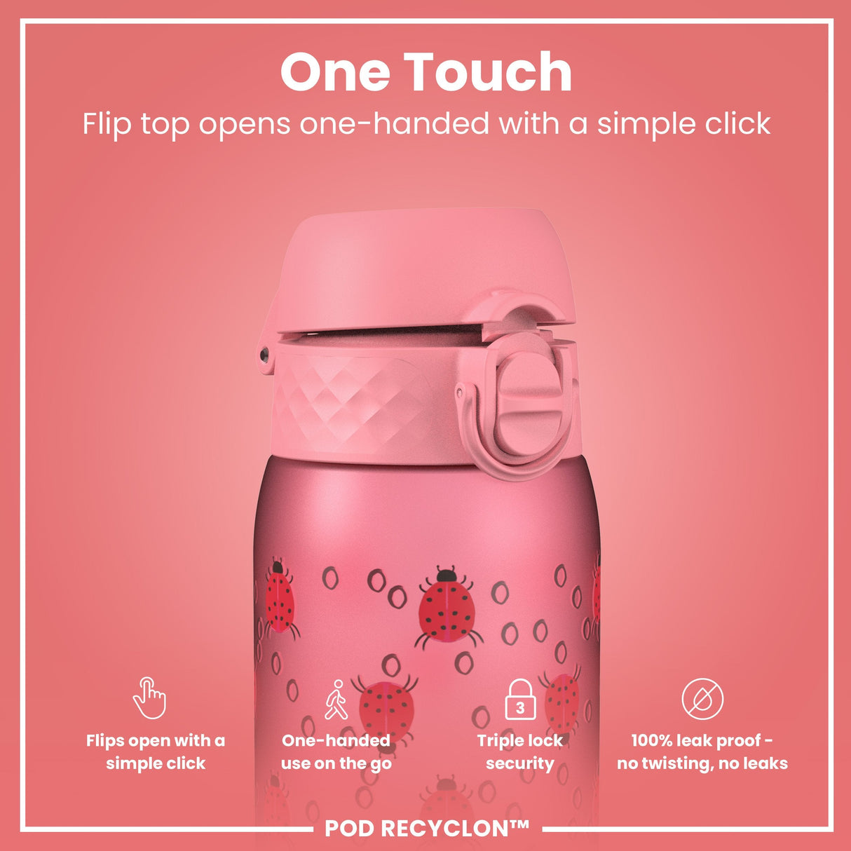 ION8 Leak Proof Kids' Water Bottle, Recyclon, Ladybugs, 350ml (12oz)