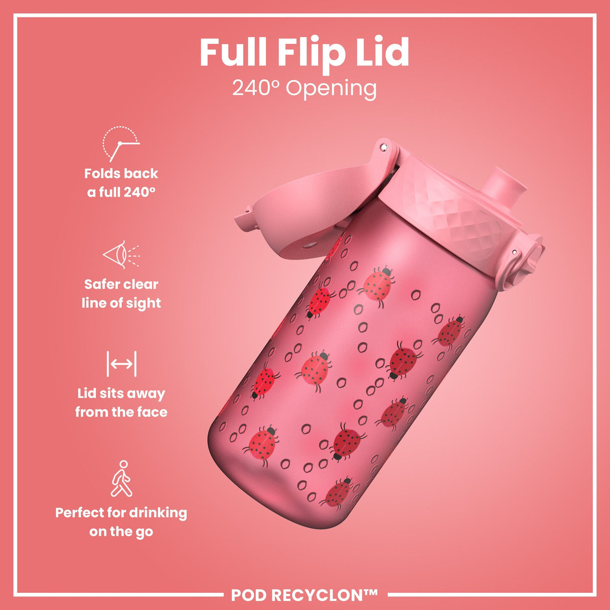 ION8 Leak Proof Kids' Water Bottle, Recyclon, Ladybugs, 350ml (12oz)