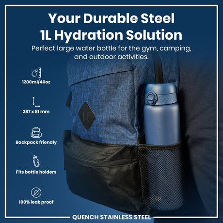 ION8 Leak Proof 1 Litre Water Bottle, Stainless Steel, Ash Navy, 1L
