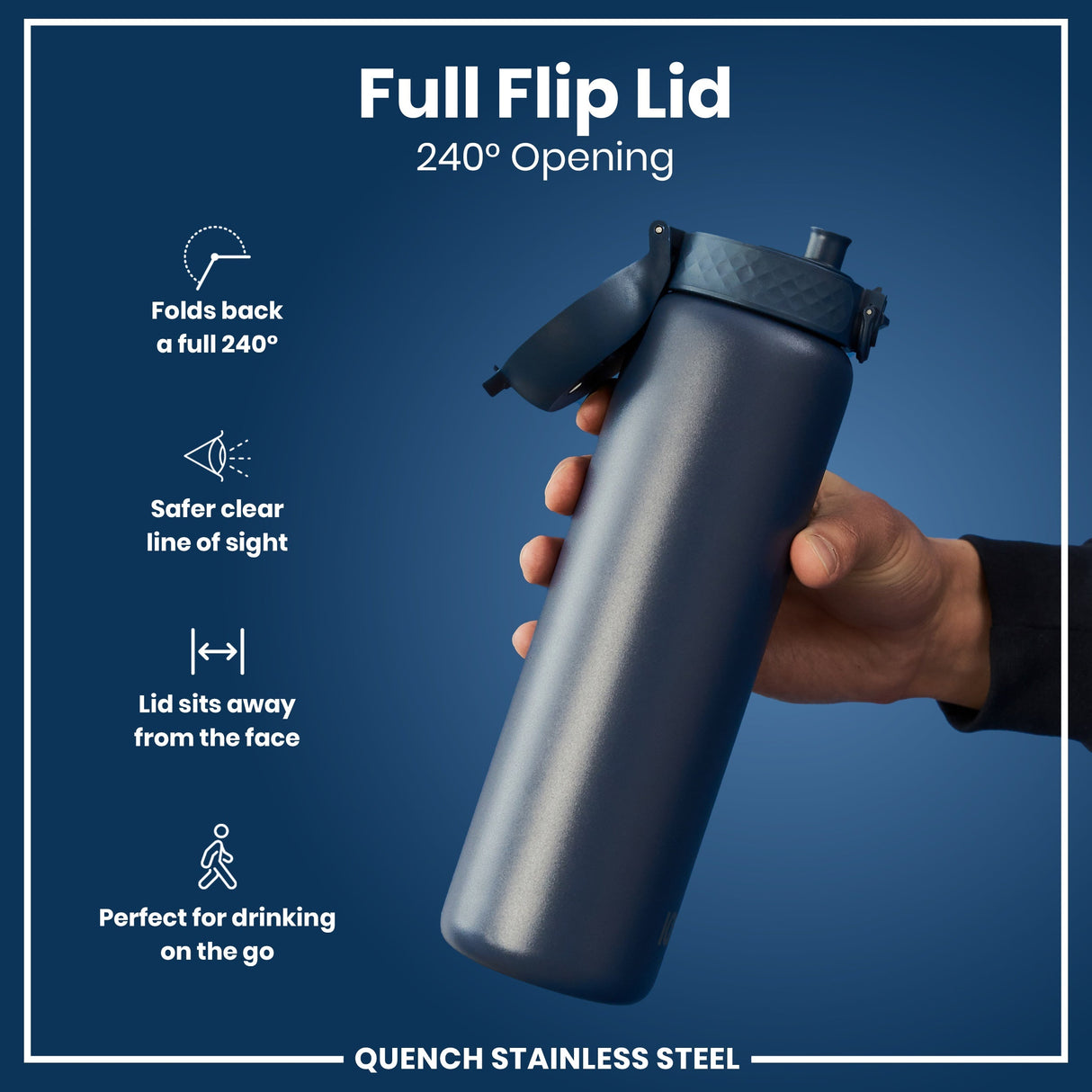 ION8 Leak Proof 1 Litre Water Bottle, Stainless Steel, Ash Navy, 1L