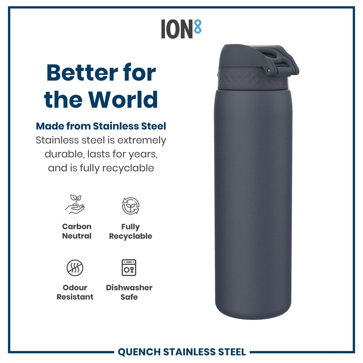 ION8 Leak Proof 1 Litre Water Bottle, Stainless Steel, Ash Navy, 1L