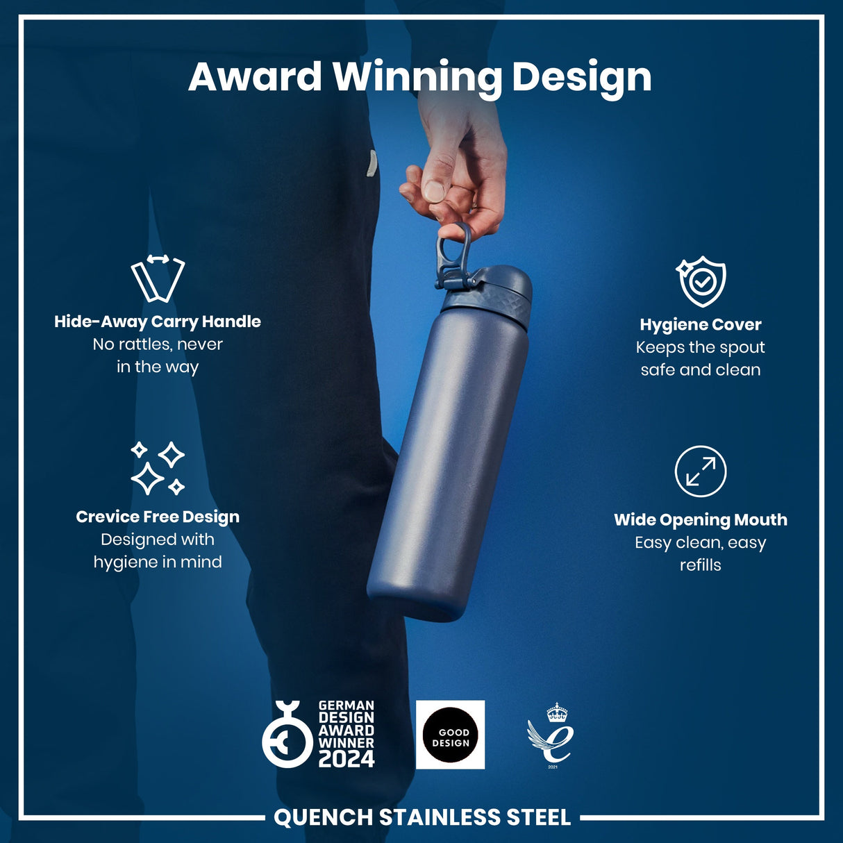 ION8 Leak Proof 1 Litre Water Bottle, Stainless Steel, Ash Navy, 1L