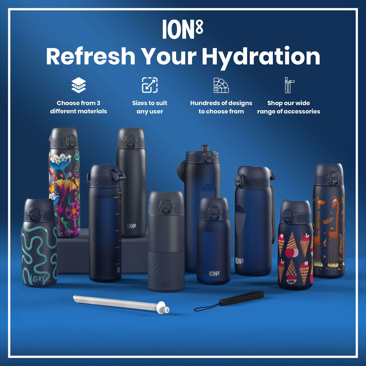 ION8 Leak Proof 1 Litre Water Bottle, Stainless Steel, Ash Navy, 1L