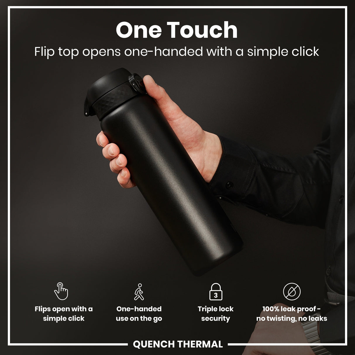 ION8 Leak Proof 1 Litre Thermal Water Bottle, Insulated, Black, 1L