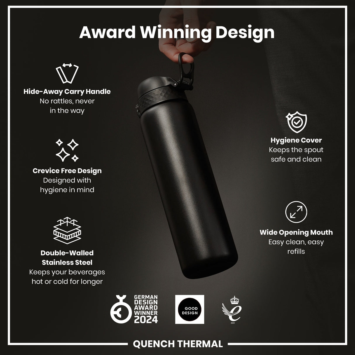 ION8 Leak Proof 1 Litre Thermal Water Bottle, Insulated, Black, 1L