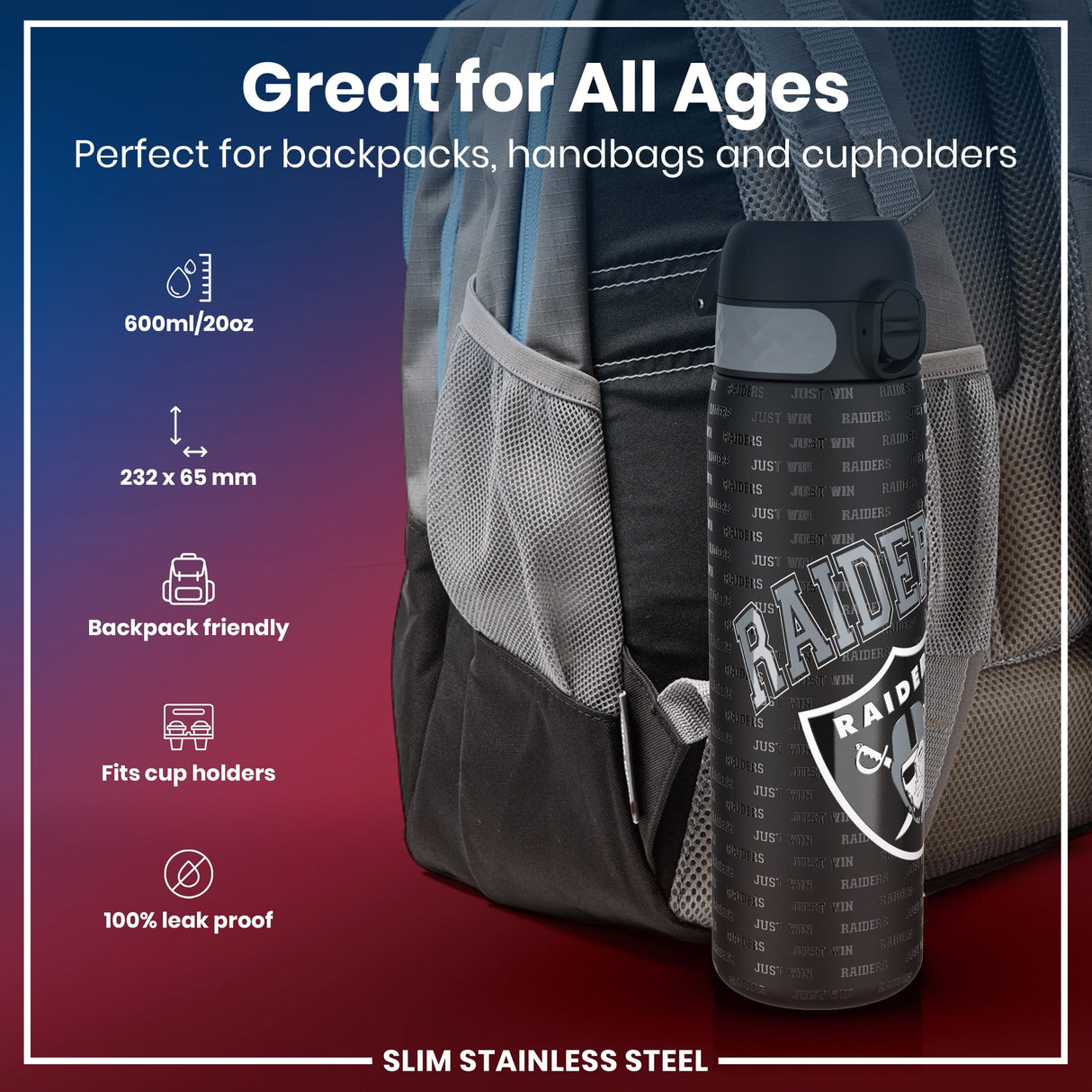 ION8 Leak Proof NFL Water Bottle, Stainless Steel, Las Vegas Raiders, 600ml (20oz)