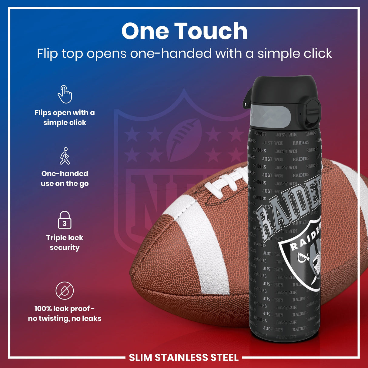 ION8 Leak Proof NFL Water Bottle, Stainless Steel, Las Vegas Raiders, 600ml (20oz)