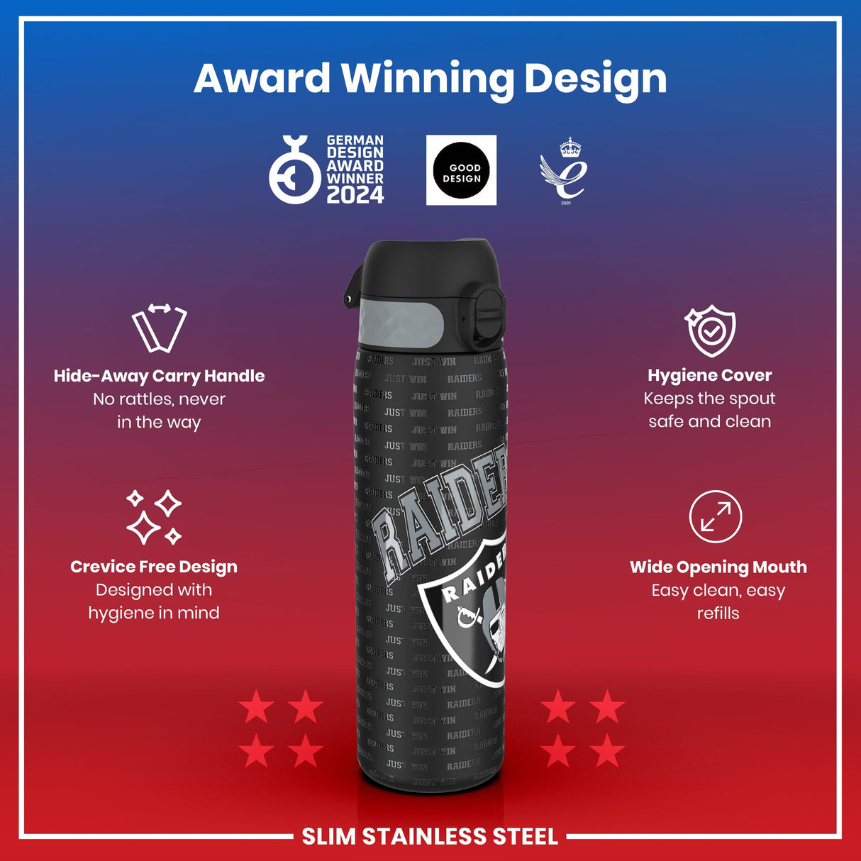 ION8 Leak Proof NFL Water Bottle, Stainless Steel, Las Vegas Raiders, 600ml (20oz)
