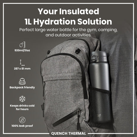 ION8 Leak Proof 1 Litre Thermal Water Bottle, Insulated, Grey, 1L