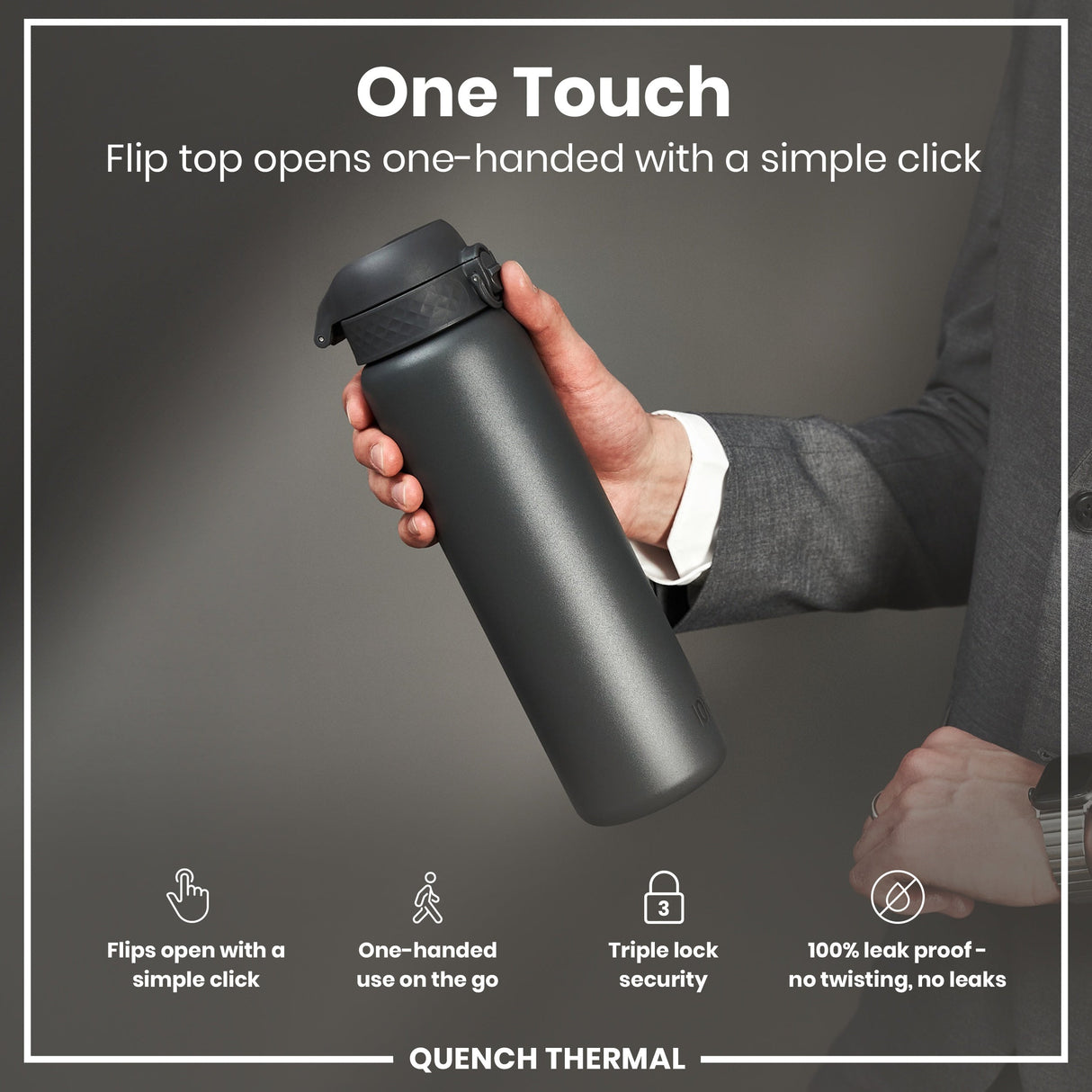 ION8 Leak Proof 1 Litre Thermal Water Bottle, Insulated, Grey, 1L