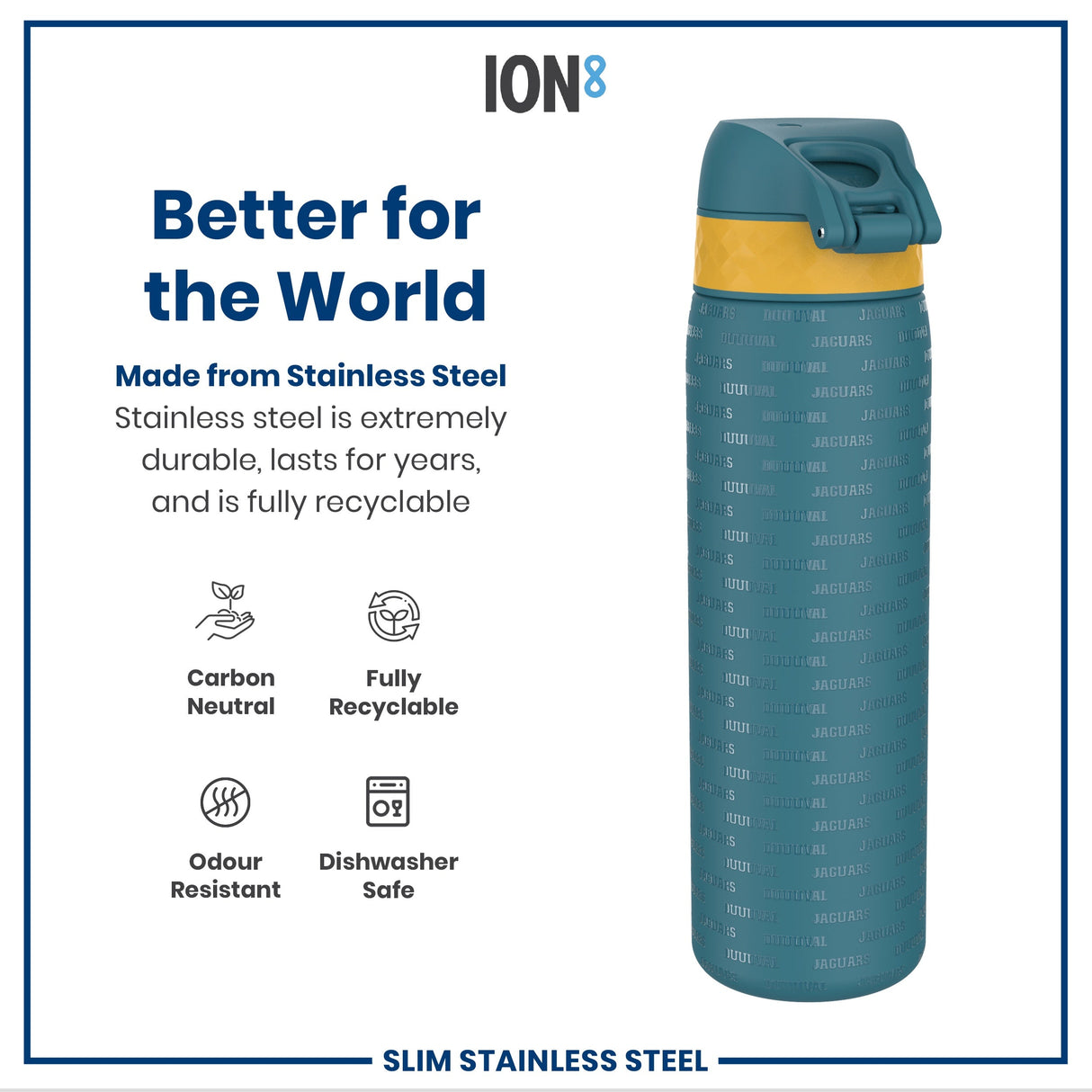 ION8 Leak Proof NFL Water Bottle, Stainless Steel, Jacksonville Jaguars, 600ml (20oz)