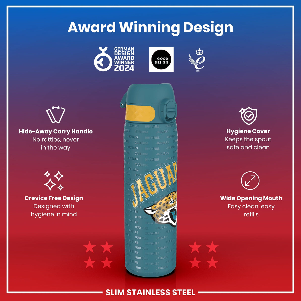 ION8 Leak Proof NFL Water Bottle, Stainless Steel, Jacksonville Jaguars, 600ml (20oz)