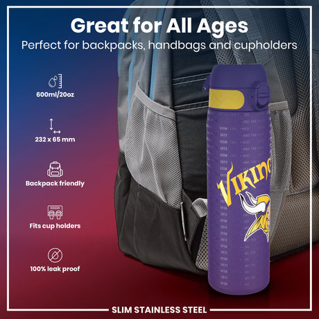 ION8 Leak Proof NFL Water Bottle, Stainless Steel, Minnesota Vikings, 600ml (20oz)