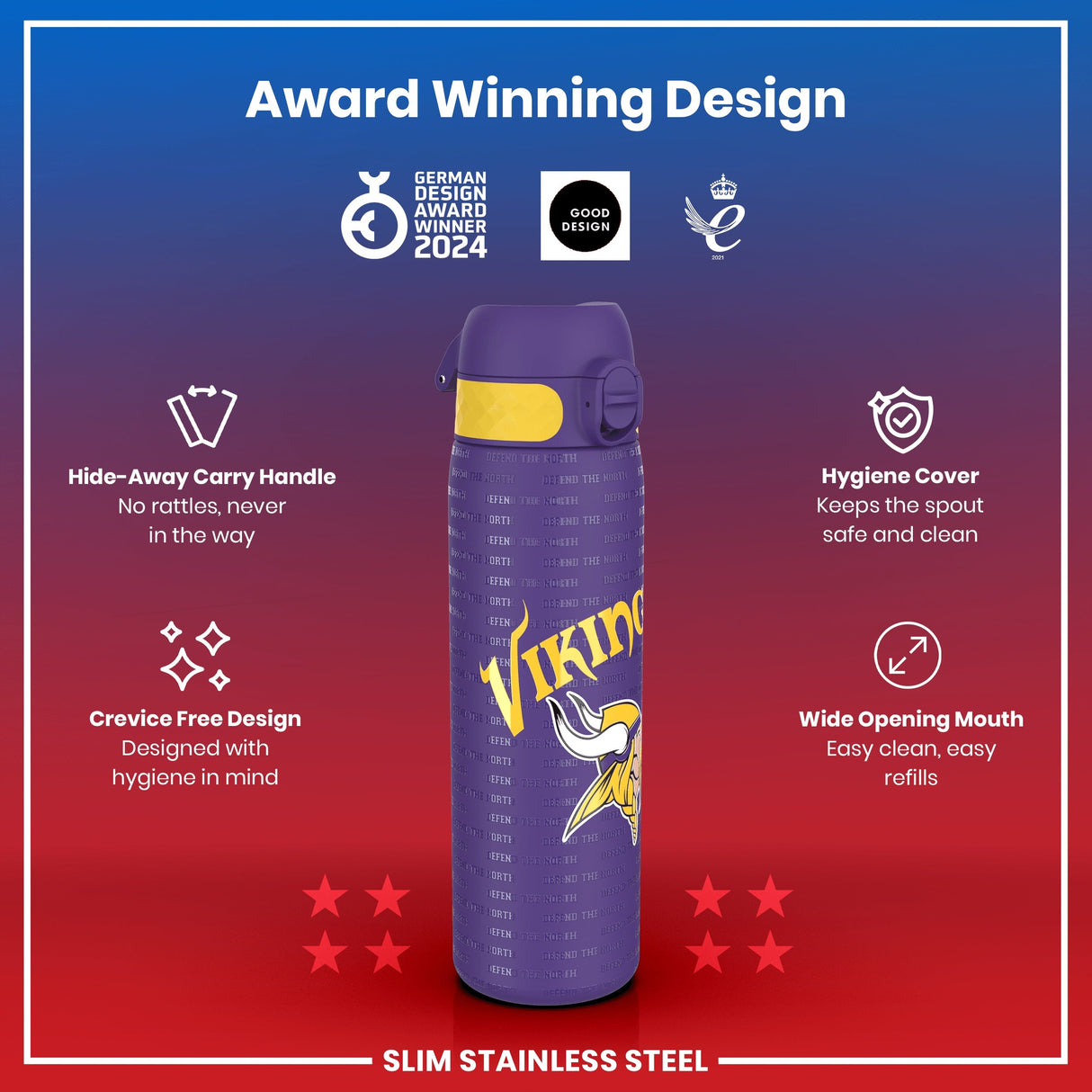 ION8 Leak Proof NFL Water Bottle, Stainless Steel, Minnesota Vikings, 600ml (20oz)