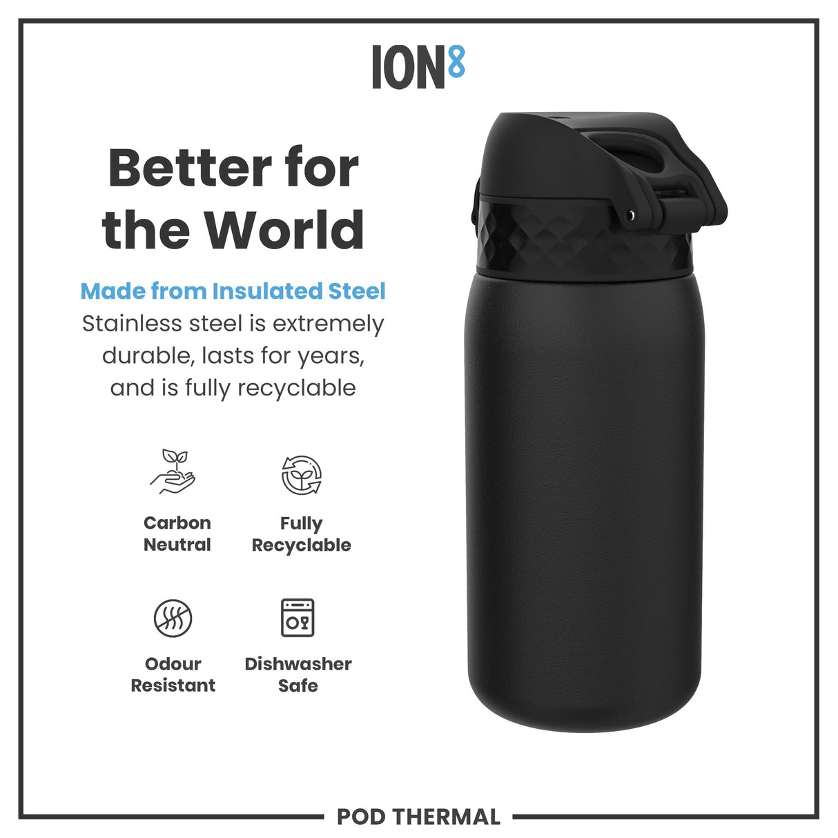ION8 Leak Proof Thermal Steel Water Bottle, Insulated, Black, 320ml (11oz)