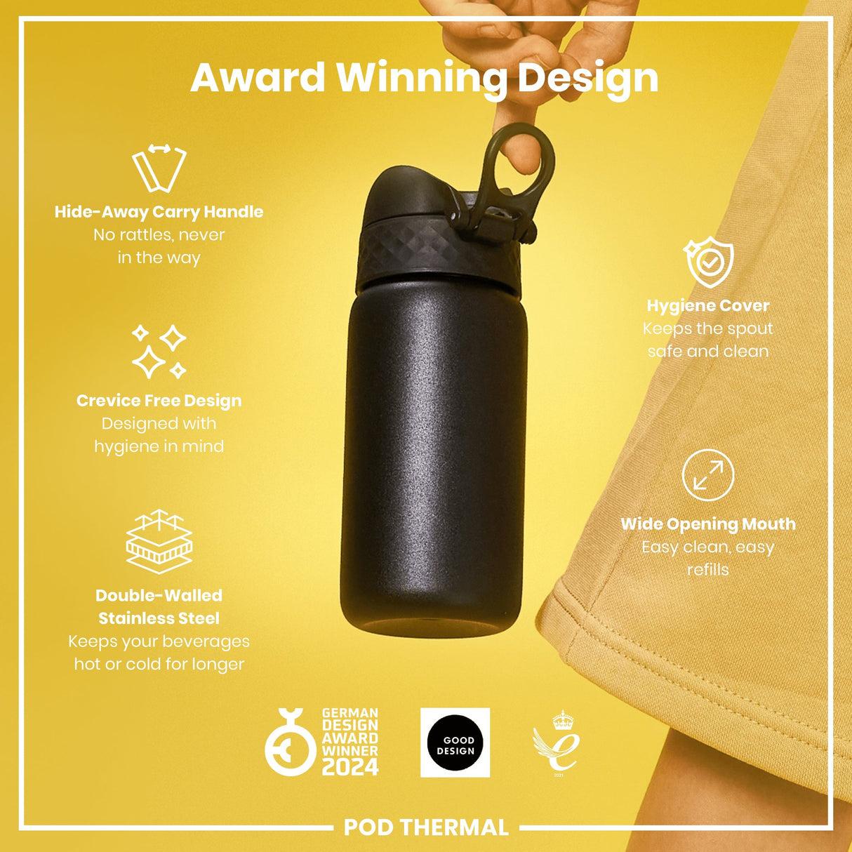 ION8 Leak Proof Thermal Steel Water Bottle, Insulated, Black, 320ml (11oz)