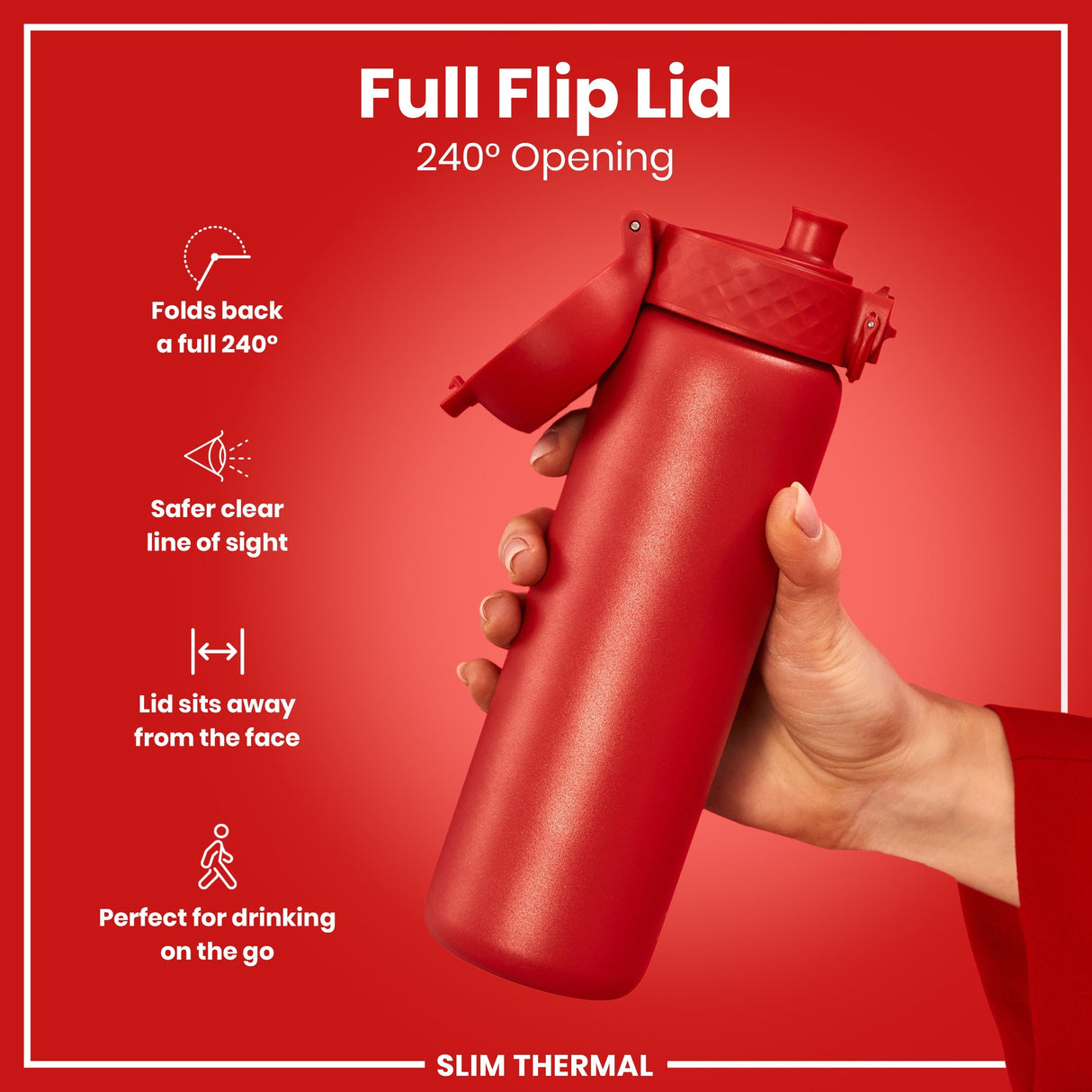 ION8 Leak Proof Slim Thermal Steel Water Bottle, Insulated, Red, 500ml (17oz)
