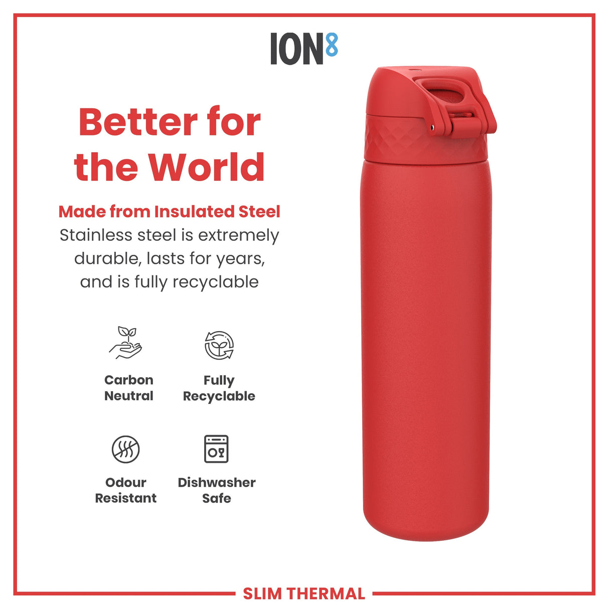 ION8 Leak Proof Slim Thermal Steel Water Bottle, Insulated, Red, 500ml (17oz)