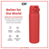 ION8 Leak Proof Slim Thermal Steel Water Bottle, Insulated, Red, 500ml (17oz)