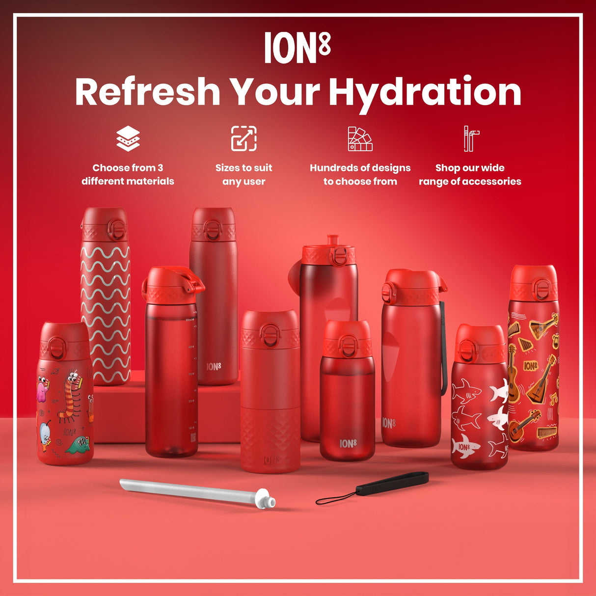 ION8 Leak Proof Slim Thermal Steel Water Bottle, Insulated, Red, 500ml (17oz)