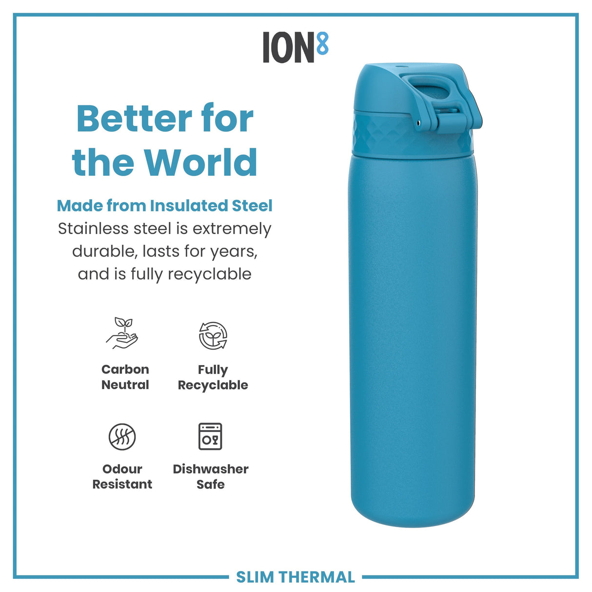 ION8 Leak Proof Slim Thermal Steel Water Bottle, Insulated, Blue, 500ml (17oz)