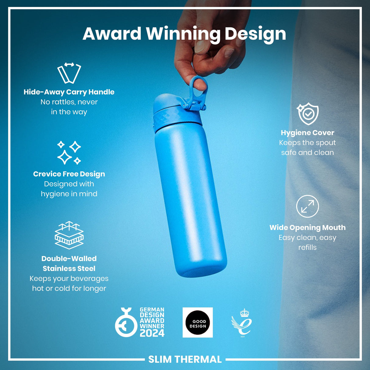 ION8 Leak Proof Slim Thermal Steel Water Bottle, Insulated, Blue, 500ml (17oz)