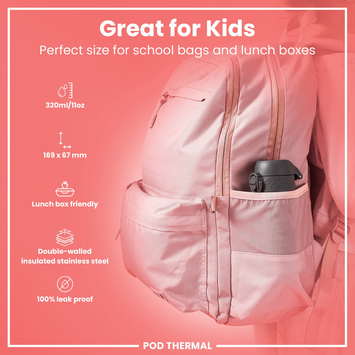 ION8 Leak Proof Thermal Steel Water Bottle, Insulated, Grey, 320ml (11oz)