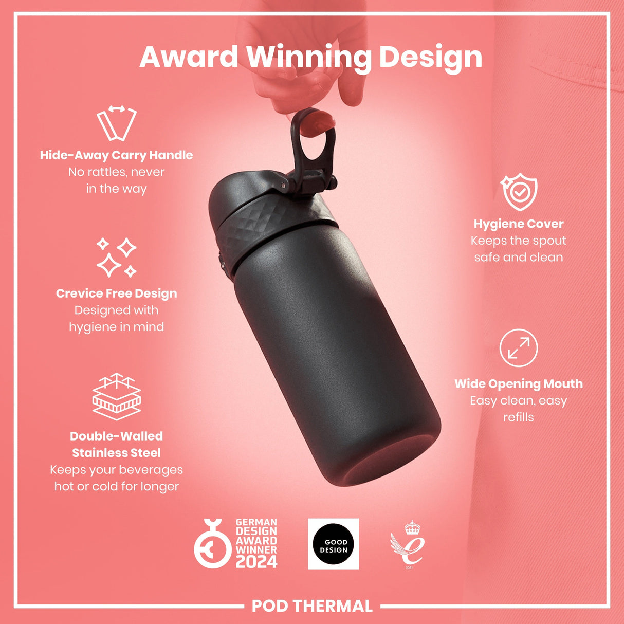 ION8 Leak Proof Thermal Steel Water Bottle, Insulated, Grey, 320ml (11oz)