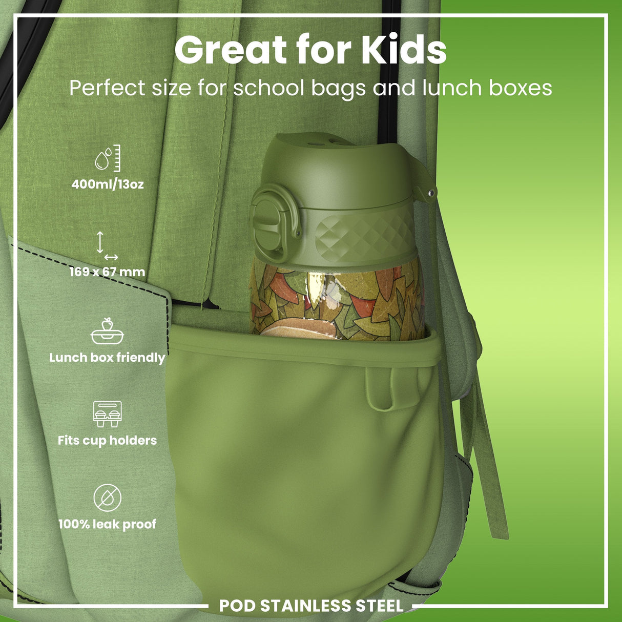 ION8 Leak Proof Water Bottle, Stainless Steel, Elephant, 400ml (13oz)