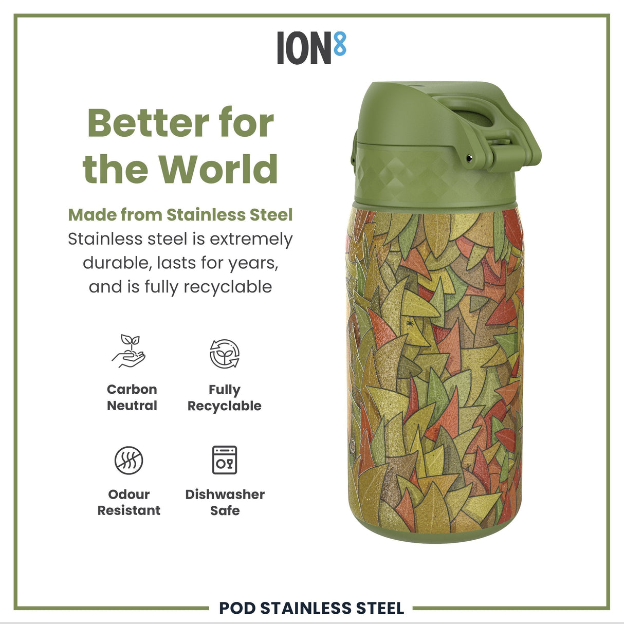 ION8 Leak Proof Water Bottle, Stainless Steel, Elephant, 400ml (13oz)