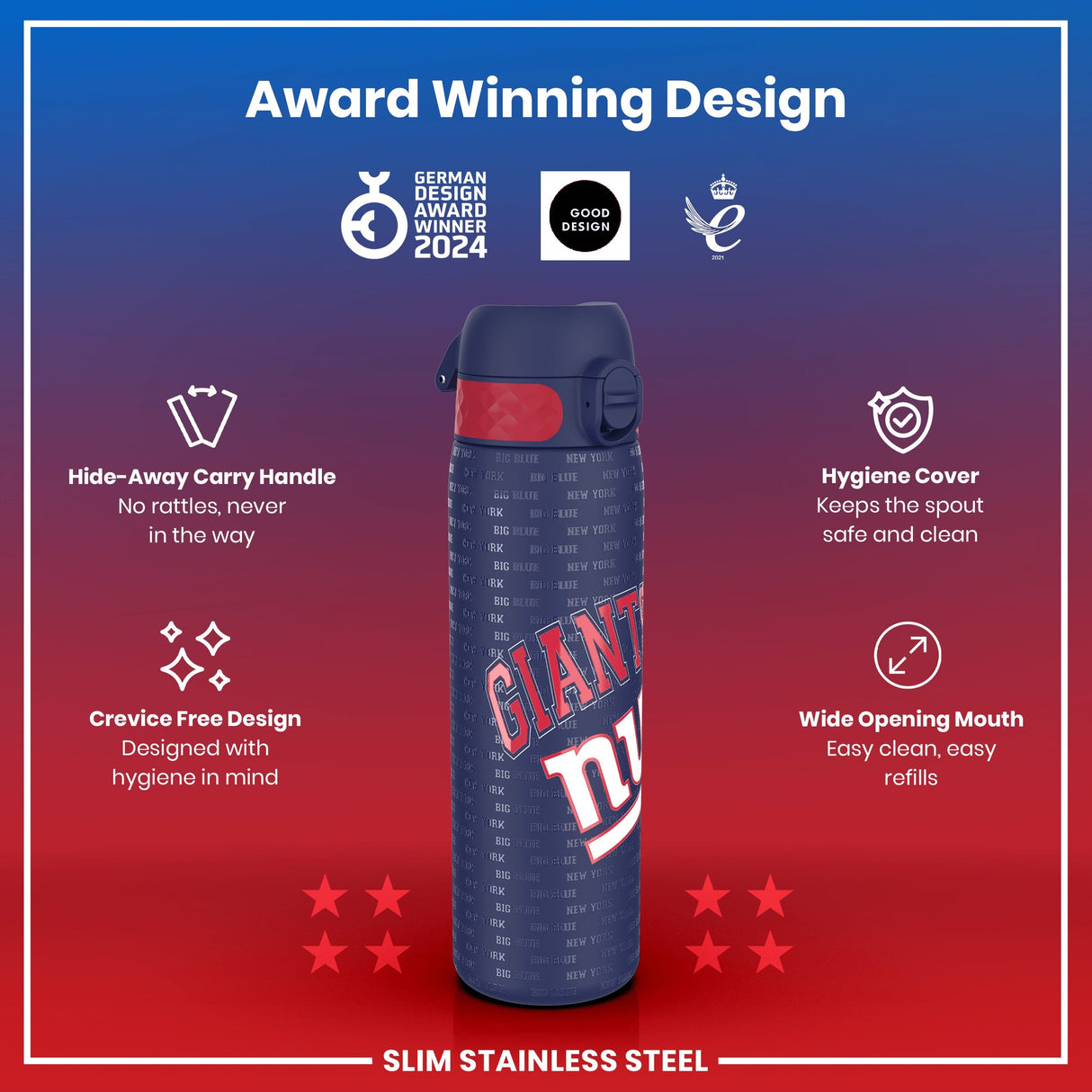 ION8 Leak Proof NFL Water Bottle, Stainless Steel, New York Giants, 600ml (20oz)