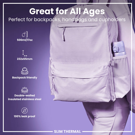 ION8 Leak Proof Slim Thermal Steel Water Bottle, Insulated, Light Purple, 500ml (17oz)