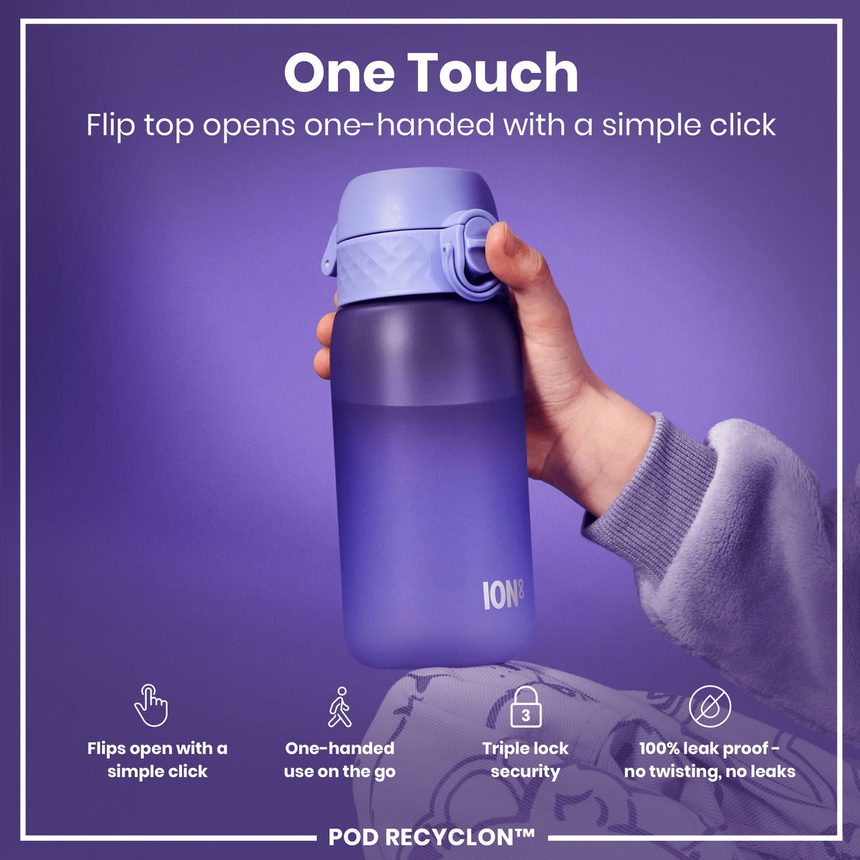 ION8 Leak Proof Kids' Water Bottle, Recyclon, Light Purple, 350ml (12oz)