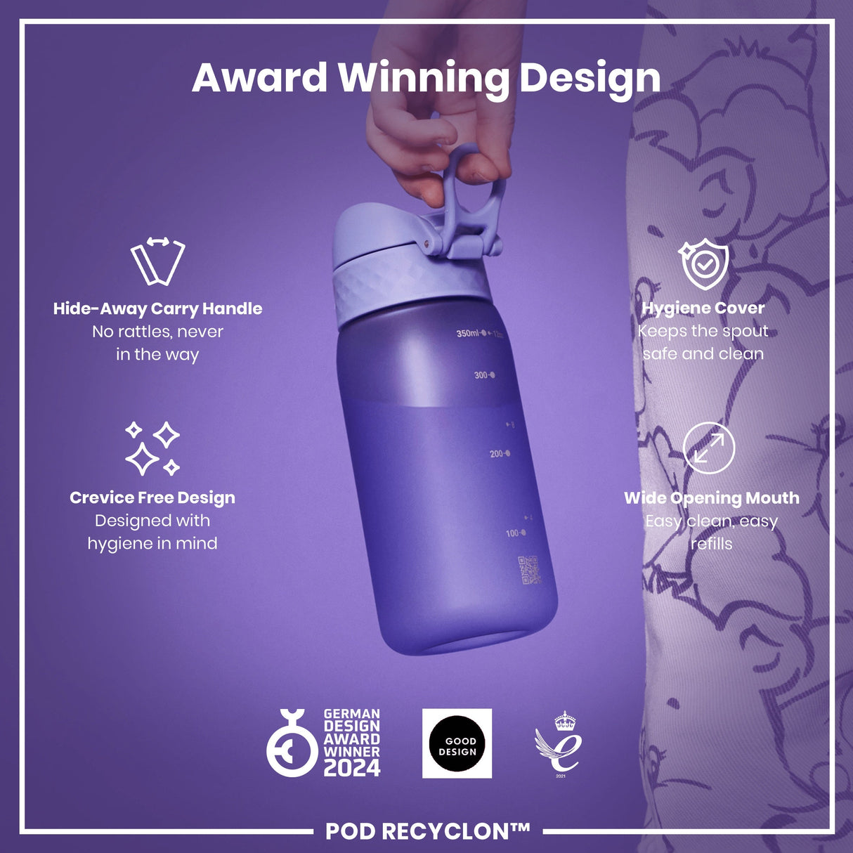 ION8 Leak Proof Kids' Water Bottle, Recyclon, Light Purple, 350ml (12oz)