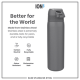 ION8 Leak Proof Slim Water Bottle, Stainless Steel, Grey, 600ml (20oz)