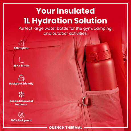 ION8 Leak Proof 1 Litre Thermal Water Bottle, Insulated, Red, 1L