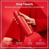 ION8 Leak Proof Slim Water Bottle, Stainless Steel, Red, 600ml (20oz)