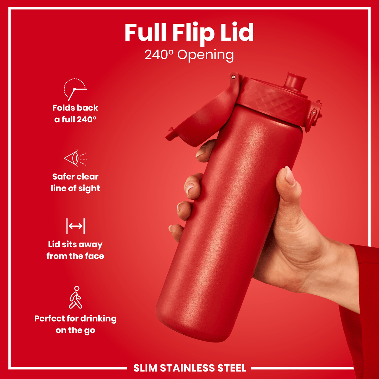 ION8 Leak Proof Slim Water Bottle, Stainless Steel, Red, 600ml (20oz)