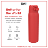 ION8 Leak Proof Slim Water Bottle, Stainless Steel, Red, 600ml (20oz)