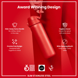 ION8 Leak Proof Slim Water Bottle, Stainless Steel, Red, 600ml (20oz)