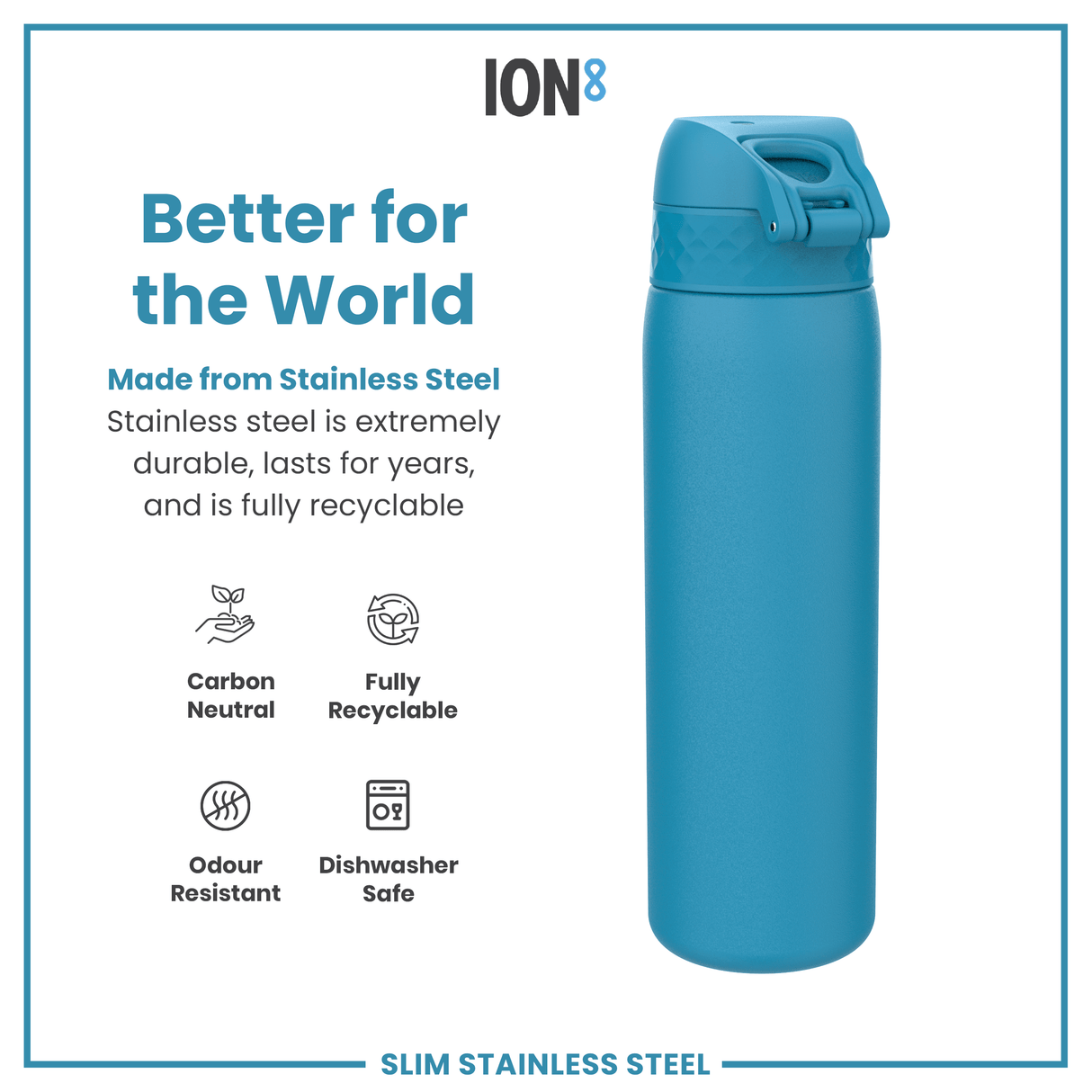 ION8 Leak Proof Slim Water Bottle, Stainless Steel, Blue, 600ml (20oz)