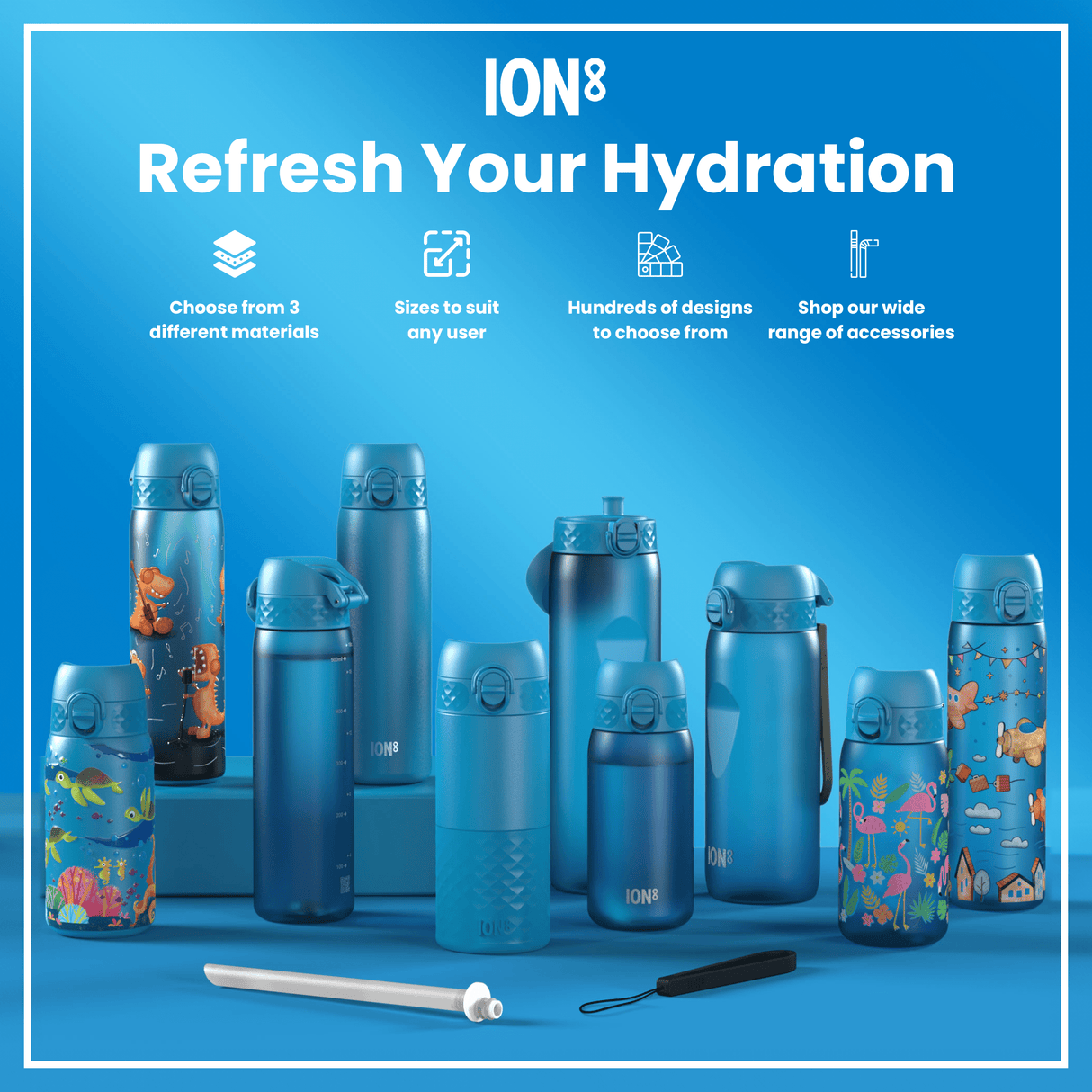 ION8 Leak Proof Slim Water Bottle, Stainless Steel, Blue, 600ml (20oz)