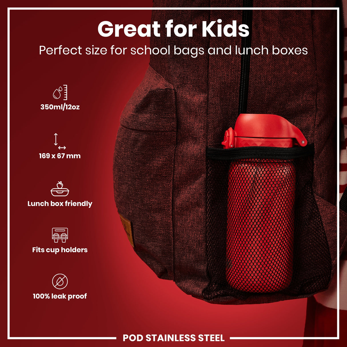 ION8 Leak Proof Water Bottle, Stainless Steel, Red, 400ml (13oz)