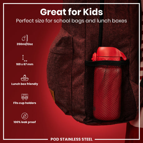 ION8 Leak Proof Water Bottle, Stainless Steel, Red, 400ml (13oz)