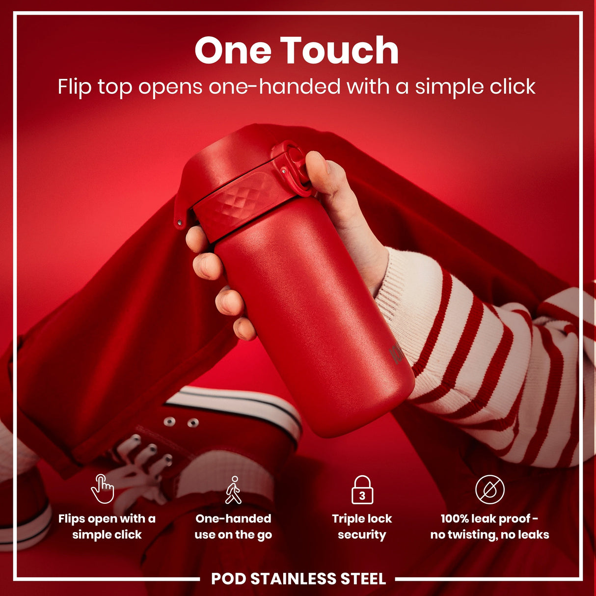 ION8 Leak Proof Water Bottle, Stainless Steel, Red, 400ml (13oz)